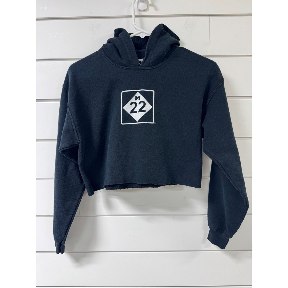 M22 Michigan Logo Black Cropped Hoodie Youth Large Custom Cut Raw Hem Pullover